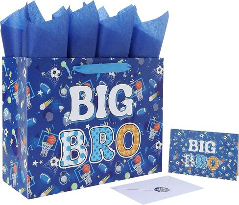 wishinside 13'' Large Big Brother Gift Bag Set with Handles, Greeting Card, Tissue Papers and Stickers for Boys Men Kids Teens for New Brother Party, Little Boy Birthday, Ball Design, 1 Pcs in Kuwait