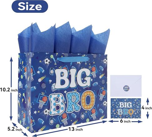 wishinside 13'' Large Big Brother Gift Bag Set with Handles, Greeting Card, Tissue Papers and Stickers for Boys Men Kids Teens for New Brother Party, Little Boy Birthday, Ball Design, 1 Pcs in Kuwait