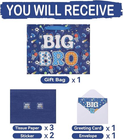 wishinside 13'' Large Big Brother Gift Bag Set with Handles, Greeting Card, Tissue Papers and Stickers for Boys Men Kids Teens for New Brother Party, Little Boy Birthday, Ball Design, 1 Pcs in Kuwait