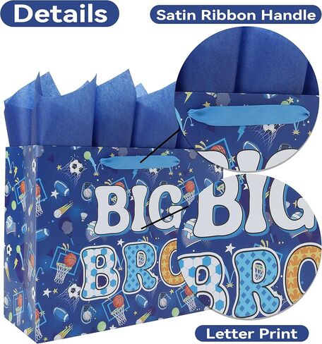 wishinside 13'' Large Big Brother Gift Bag Set with Handles, Greeting Card, Tissue Papers and Stickers for Boys Men Kids Teens for New Brother Party, Little Boy Birthday, Ball Design, 1 Pcs in Kuwait