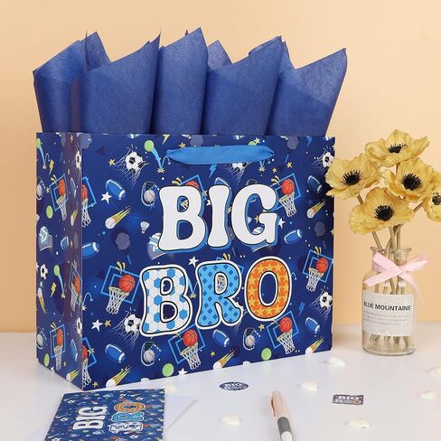 wishinside 13'' Large Big Brother Gift Bag Set with Handles, Greeting Card, Tissue Papers and Stickers for Boys Men Kids Teens for New Brother Party, Little Boy Birthday, Ball Design, 1 Pcs in Kuwait