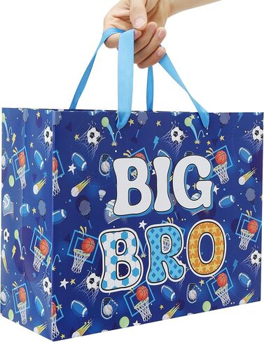 wishinside 13'' Large Big Brother Gift Bag Set with Handles, Greeting Card, Tissue Papers and Stickers for Boys Men Kids Teens for New Brother Party, Little Boy Birthday, Ball Design, 1 Pcs in Kuwait