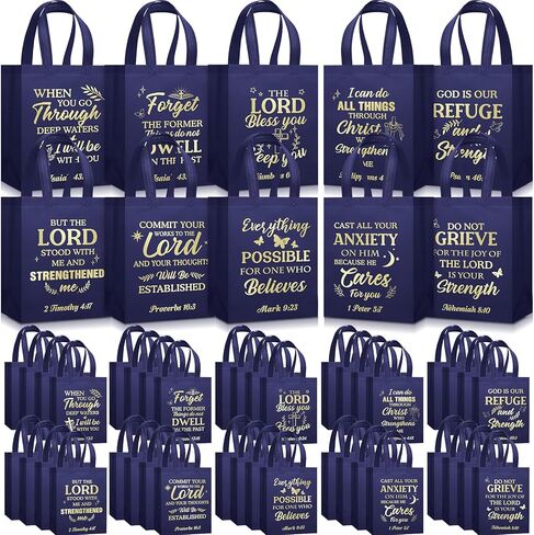 Talltalk 50 Pack Christian Gift Bags Bulk Church for Father's Day, Reusable Non Woven Bible Verse Tote with Handles, Religious Scripture Bag for Sunday School VBS Party Favor(Dark Blue,Medium) in Saudi Arabia