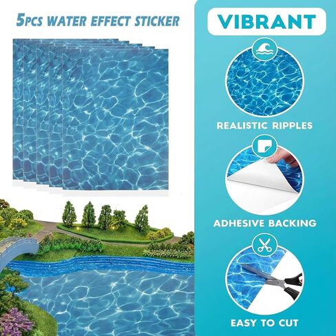 5pcs Artificial Water Effect Sticker Fake Ocean Self Adhesive Ripple Water Sticker for Miniature Train Village Model Diorama Dollhouse Landscape DIY Decoration in Saudi Arabia
