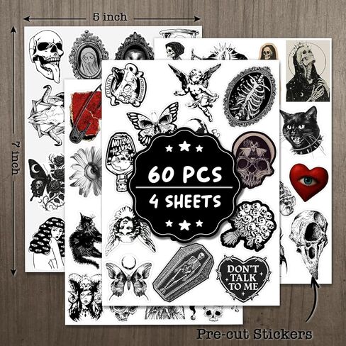 60 Pcs Goth Stickers for Adults - Gothic Sticker Pack, Waterproof Black and White Aesthetic Alt Emo Stickers for Laptop, Water Bottle, Skateboard in Saudi Arabia