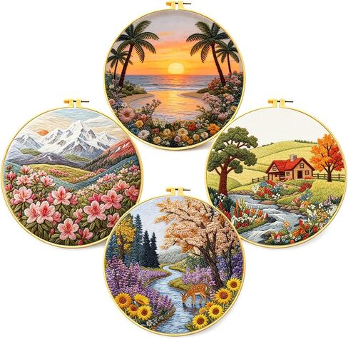 Zhenqing Four Seasons Landscape Embroidery Kit 4 Pack, Spring Summer Autumn Winter Craft Set with 20cm Hoop, Printed Designs on 29x29cm Cotton Fabric, DIY Scenery Wall Art (JCD0175) in Kuwait