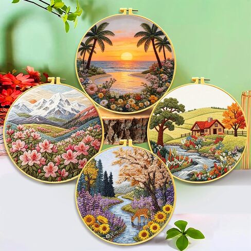 Zhenqing Four Seasons Landscape Embroidery Kit 4 Pack, Spring Summer Autumn Winter Craft Set with 20cm Hoop, Printed Designs on 29x29cm Cotton Fabric, DIY Scenery Wall Art (JCD0175) in Kuwait