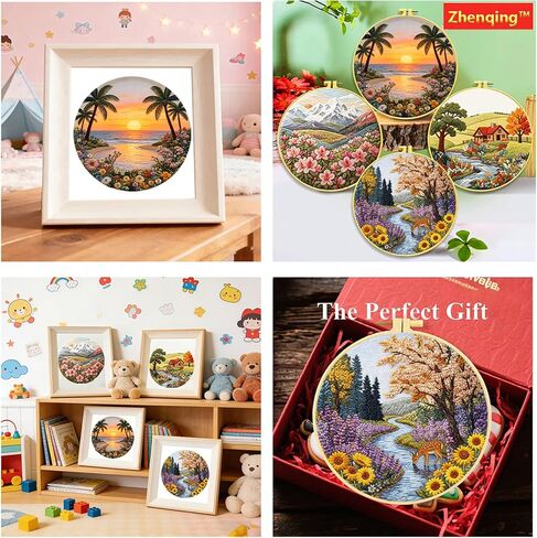 Zhenqing Four Seasons Landscape Embroidery Kit 4 Pack, Spring Summer Autumn Winter Craft Set with 20cm Hoop, Printed Designs on 29x29cm Cotton Fabric, DIY Scenery Wall Art (JCD0175) in Kuwait