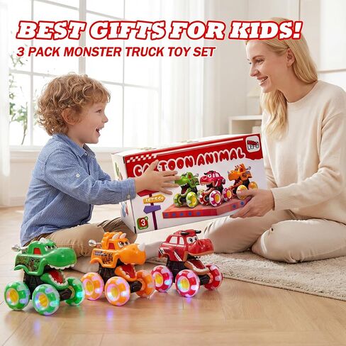 Monster Truck Toy for Kids Toddlers 1-3, Light up Wheels Dinosaur Car Toys, Baby Toy - Press and Go Dinosaur Trucks,Pull Back Vehicle Set for 2 3 4 Year Old Boy Birthday (3 Packs) in Saudi Arabia