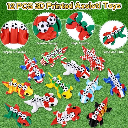 12PCS 3D Printed Soccer Party Axolotl Fidget Toys Articulated Mini Animal Desk Toys Colorful Stress Relief Toys for Soccer Party Favors & Football Decorations in Saudi Arabia