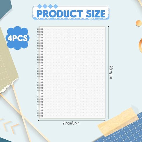 KongTiva 80 Sheets A4 Dot Grid Spiral Notebook, 8.5" × 11" Large Dotted Journal Spiral Notebook, 4 Pack Dotted Notebook with 100GSM Dotted Paper Transparent Hard Cover for School Office Journaling in Kuwait