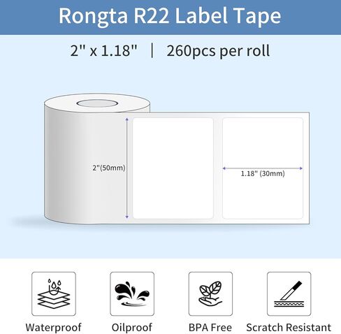 آلة صنع الملصقات Rongta مقاس 2 بوصة مع شريط، طابعة ملصقات حرارية سهلة الاستخدام للمكتب والمنزل والأعمال التجارية، ملصقات مقاس 2 بوصة × 1.18 بوصة - 260 قطعة/لفة، R22 + شريط in Kuwait
