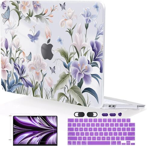for MacBook Neo 13 inch Case 2026 A3404 with A18 Pro Chip, Anti-Scratch Slim Pattern Plastic Hard Shell Case 13-inch Neo Protective Cover with Keyboard Cover & Screen Film, Purple Flowers in Saudi Arabia