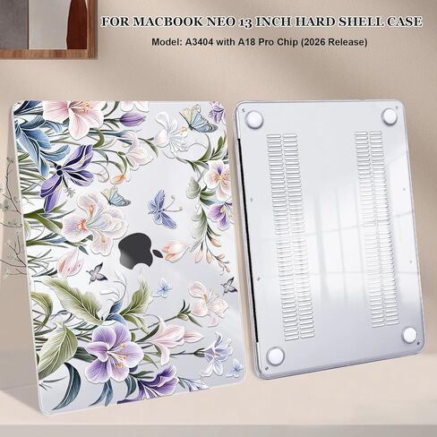 for MacBook Neo 13 inch Case 2026 A3404 with A18 Pro Chip, Anti-Scratch Slim Pattern Plastic Hard Shell Case 13-inch Neo Protective Cover with Keyboard Cover & Screen Film, Purple Flowers in Saudi Arabia