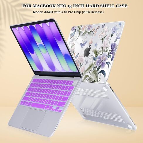 for MacBook Neo 13 inch Case 2026 A3404 with A18 Pro Chip, Anti-Scratch Slim Pattern Plastic Hard Shell Case 13-inch Neo Protective Cover with Keyboard Cover & Screen Film, Purple Flowers in Saudi Arabia
