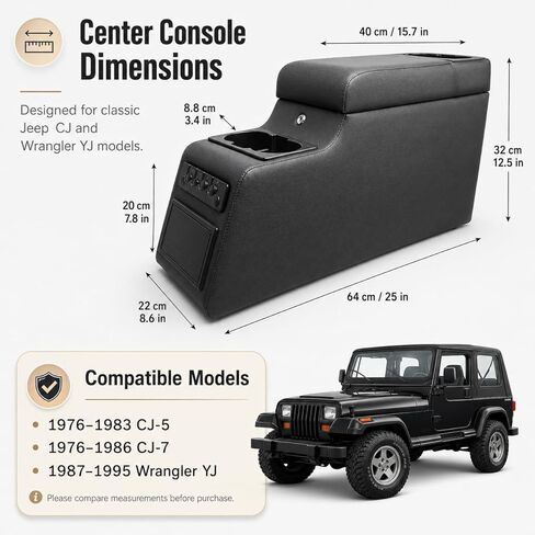 وحدة تحكم مركزية فاخرة بقفل متوافقة مع CJ5 CJ7 (1976-1986) وWrangler YJ (1987-1995) - صندوق مسند ذراع للتخزين الآمن مع حاملات أكواب قابلة للتعديل، مبرد قابل للإزالة ومنظم للعملات المعدنية (رمادي) in Kuwait