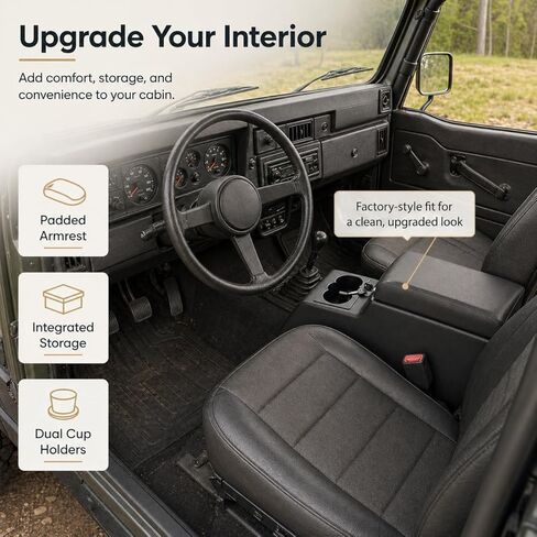 وحدة تحكم مركزية فاخرة بقفل متوافقة مع CJ5 CJ7 (1976-1986) وWrangler YJ (1987-1995) - صندوق مسند ذراع للتخزين الآمن مع حاملات أكواب قابلة للتعديل، مبرد قابل للإزالة ومنظم للعملات المعدنية (رمادي) in Kuwait