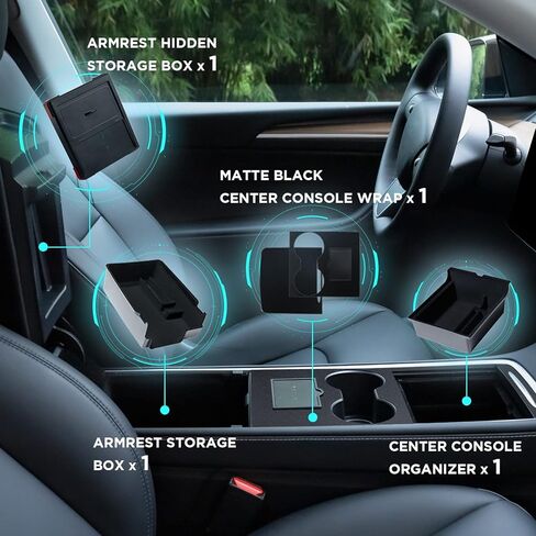4 قطع من ملحقات صينية تنظيم وحدة التحكم المركزية المتجمعة التي تناسب 2021 2022 2023 Tesla Model 3 Model Y، صندوق تخزين مخفي لمسند الذراع، طقم غطاء لف وحدة التحكم المركزية. in Kuwait