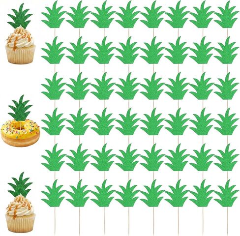 48PCS Pineapple Cake Toppers - Tropical Hawaiian Cupcake Picks For Donut Summer Party Decorations - Glitter Cardboard Leaf Design tropical cupcake toppers in Saudi Arabia