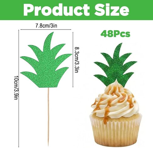 48PCS Pineapple Cake Toppers - Tropical Hawaiian Cupcake Picks For Donut Summer Party Decorations - Glitter Cardboard Leaf Design tropical cupcake toppers in Saudi Arabia
