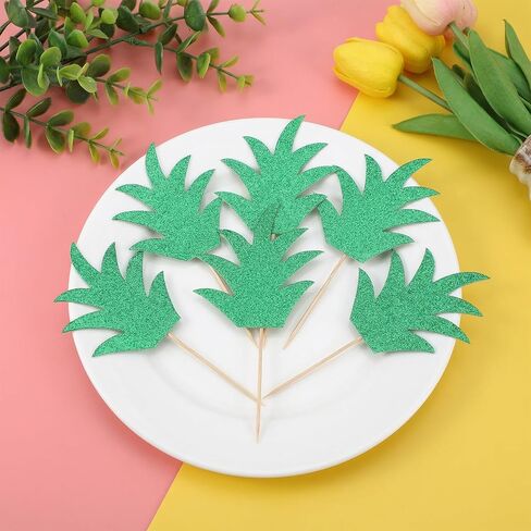 48PCS Pineapple Cake Toppers - Tropical Hawaiian Cupcake Picks For Donut Summer Party Decorations - Glitter Cardboard Leaf Design tropical cupcake toppers in Saudi Arabia