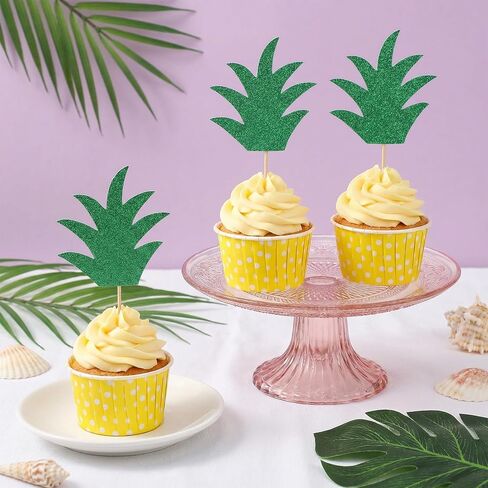 48PCS Pineapple Cake Toppers - Tropical Hawaiian Cupcake Picks For Donut Summer Party Decorations - Glitter Cardboard Leaf Design tropical cupcake toppers in Saudi Arabia