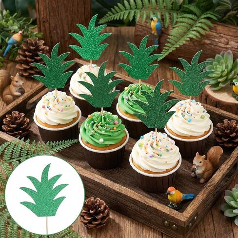 48PCS Pineapple Cake Toppers - Tropical Hawaiian Cupcake Picks For Donut Summer Party Decorations - Glitter Cardboard Leaf Design tropical cupcake toppers in Saudi Arabia