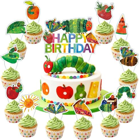 25 Pcs Very Hungry Caterpillar Cake Topper and Cupcake Toppers Set, Cartoon Caterpillar Theme Party Supplies for Reading Story Themed Party Decorations in Saudi Arabia