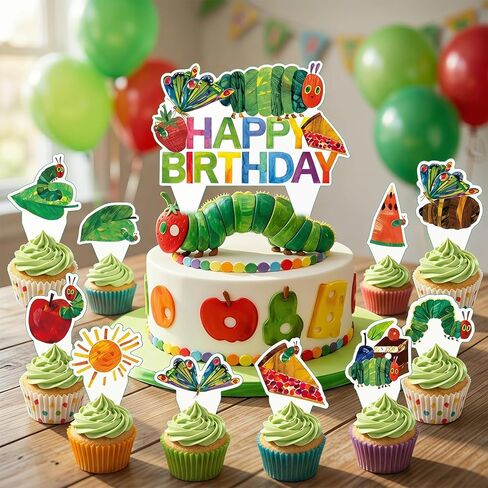 25 Pcs Very Hungry Caterpillar Cake Topper and Cupcake Toppers Set, Cartoon Caterpillar Theme Party Supplies for Reading Story Themed Party Decorations in Saudi Arabia