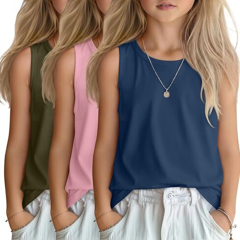 3 Pack Girls' Tank Tops Kids Sleeveless Crew Neck Shirts Summer Loose Fit Top Casual Basic Tees 5-14 Years in Saudi Arabia