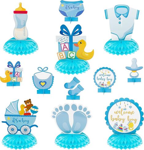 Blue Baby Shower Party Centerpieces for Boys, 12Pcs It's a Boy Baby Shower Honeycomb Decoration, Welcome Boys Gender Reveal Party Table Topper Decorations, Newborn Party Favors Photo Booth Props in Saudi Arabia