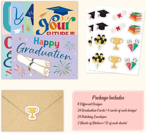 Pack of 24 Happy Graduation Cards with Envelopes for Teens Teenagers, 6 Inspirational Congratulations Card for High School College Graduates, Message Inside, 4x6in in Saudi Arabia