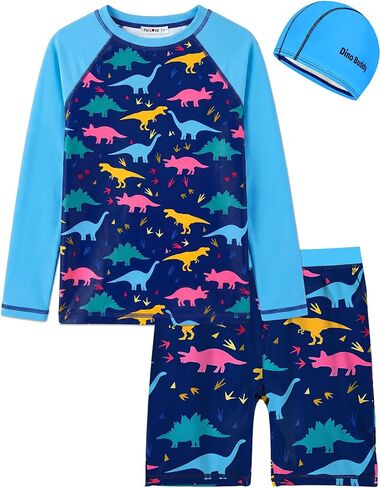 weVSwe Boys Swim Set UPF50+ UV Protection 3 Piece Kid Long Sleeve Rash Guard Swim Shirt & Trunks with Swimming Cap 2-12 Years in Saudi Arabia