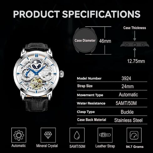 Stuhrling Original Legacy Men's Automatic Watch Stainless Steel 46 MM Case Genuine Leather Strap Watch Black in Saudi Arabia