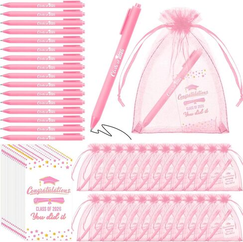 Mooliwe 36 Sets Class of 2026 Gift Pens Bulk Graduation Party Favors Black Ink Ballpoint Pen with Greeting Cards and Organza Bags Grad Gift(Pink) in Kuwait