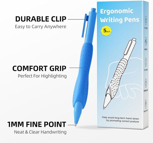ELETIUO 5-Pack Ergonomic Ballpoint Pens,1mm Medium Point Black Ink Retractable Pen with Anti-Slip Silicone Grip,Center-of-Gravity Balance Design for Smooth Writing for Office and School Supplies in Kuwait