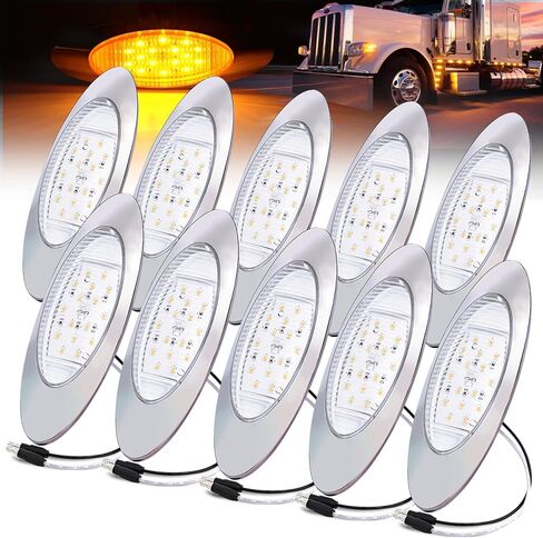حزمة من 10 مصابيح بيضاوية 16LED بعدسات شفافة مقاس 6.5 بوصة، مصابيح جانبية كهرمانية مع قابس موصل، مصابيح تخليص، إطار من الكروم، 12 فولت تيار مستمر لمقطورة الشاحنة RV in Kuwait