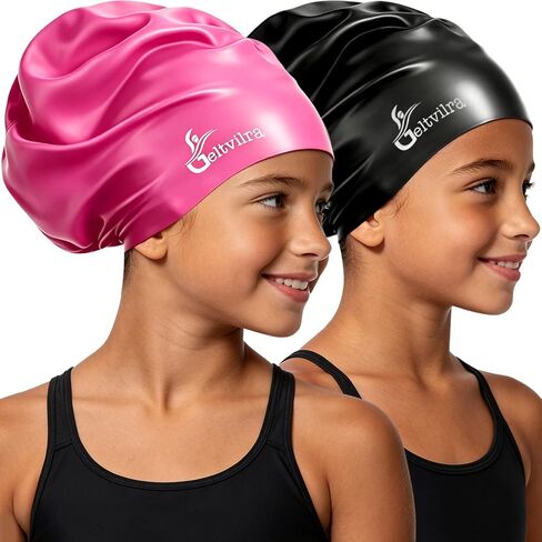 2 Pack Kids Extra Large Swim Cap for Long Thick Hair, Waterproof Silicone Swimming Hat for Girls Aged 4 to 16 Boys Toddler Children Youth, Hair Turban Protection for Braids Dreadlocks Extensions Afros in Saudi Arabia