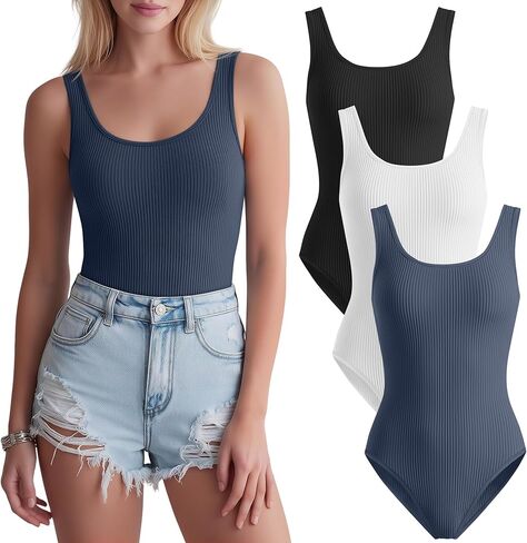 3 Pack Women's Tank Tops Bodysuits Ribbed Sleeveless Slim Fit Scoop Neck Shirts Thong Yoga Summer Going out in Saudi Arabia