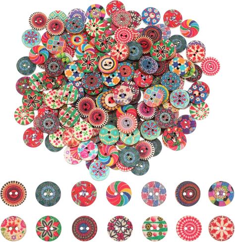 ElevateTech Multicolor Vintage Wooden Buttons, 200 Pcs Mixed Pattern Floral Wood Buttons for Crafts Round Decorative Button 2 Holes Vintage Button for Sewing, Knitting, Clothes, Scrapbooking, 15 mm in Kuwait
