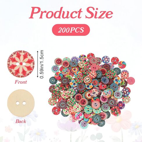 ElevateTech Multicolor Vintage Wooden Buttons, 200 Pcs Mixed Pattern Floral Wood Buttons for Crafts Round Decorative Button 2 Holes Vintage Button for Sewing, Knitting, Clothes, Scrapbooking, 15 mm in Kuwait