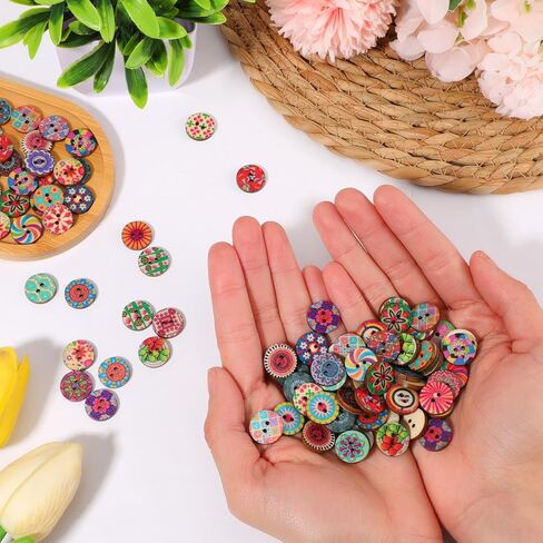 ElevateTech Multicolor Vintage Wooden Buttons, 200 Pcs Mixed Pattern Floral Wood Buttons for Crafts Round Decorative Button 2 Holes Vintage Button for Sewing, Knitting, Clothes, Scrapbooking, 15 mm in Kuwait