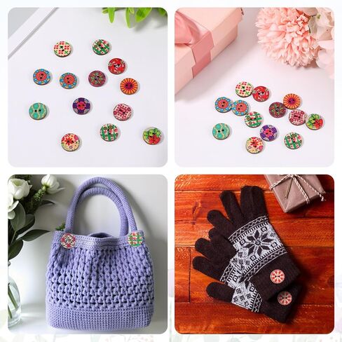 ElevateTech Multicolor Vintage Wooden Buttons, 200 Pcs Mixed Pattern Floral Wood Buttons for Crafts Round Decorative Button 2 Holes Vintage Button for Sewing, Knitting, Clothes, Scrapbooking, 15 mm in Kuwait