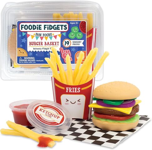 Foodie Fidget Squishy Burger Basket Big 19 Piece Sensory Toy Set with Slime, Buns, Stretchy Food Pieces, Calming Quiet Toys for Kids Ages 5+ in Kuwait