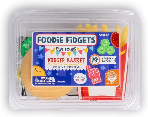 Foodie Fidget Squishy Burger Basket Big 19 Piece Sensory Toy Set with Slime, Buns, Stretchy Food Pieces, Calming Quiet Toys for Kids Ages 5+ in Kuwait