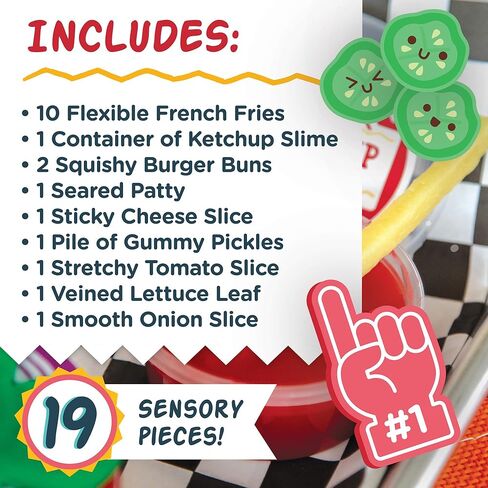Foodie Fidget Squishy Burger Basket Big 19 Piece Sensory Toy Set with Slime, Buns, Stretchy Food Pieces, Calming Quiet Toys for Kids Ages 5+ in Kuwait