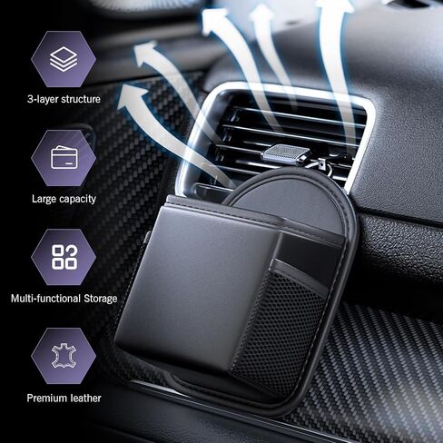 Car Air Vent Storage Bag, Napa Leather Vent Organizer Pouch, Large Capacity Car Air Conditioner Storage Organizer, Universal Organizing Bag for ID Cards Glasses Phones Keys (Black) in Saudi Arabia