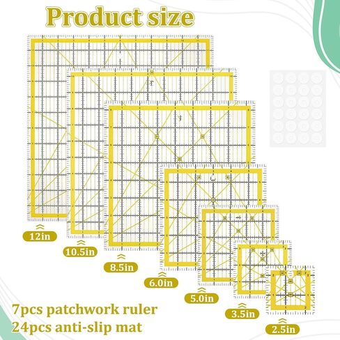 7 Pieces Quilting Rulers Templates, 2.5",3.5", 5",6", 8.5", 10.5",12" Square Sewing Ruler Fabric Cutting Rulers Acrylic Quilters Ruler with Non-Slip Pads for Quilting and Sewing in Kuwait