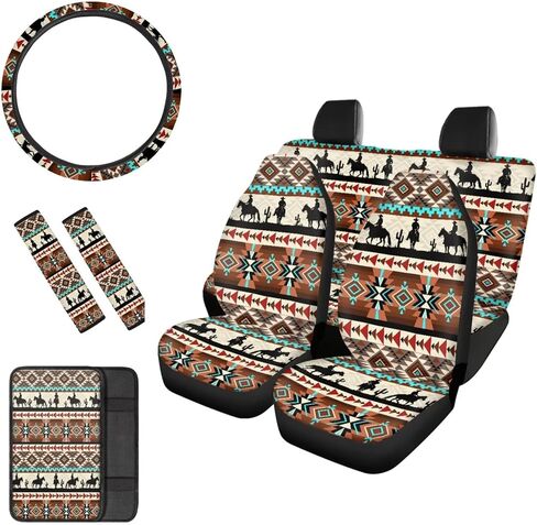 SEANATIVE Western Aztec Horse الجبهة الخلفية مقعد السيارة غطاء Cusion غطاء عجلة القيادة حزام الأمان منصات مسند الذراع حامي اكسسوارات السيارات مجموعة كاملة تناسب معظم السيارات in Kuwait