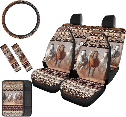 SEANATIVE Western Aztec Horse الجبهة الخلفية مقعد السيارة غطاء Cusion غطاء عجلة القيادة حزام الأمان منصات مسند الذراع حامي اكسسوارات السيارات مجموعة كاملة تناسب معظم السيارات in Kuwait